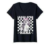Mujer Lhasa Apso Mama Dog Mom Mom Mother's Day Coquette Bow Pink Camiseta Cuello V