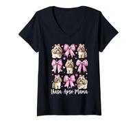 Mujer Lhasa Apso Mama Dog Mom Mom Mother's Day Coquette Bow Pink Camiseta Cuello V