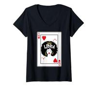 Mujer Libra Astrologia Negra Reina Corazon Blackjack Cartas Poker Camiseta Cuello V
