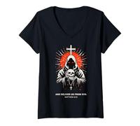 Mujer Líbranos del Mal Mateo 6:13 Versículo bíblico Cristiano Oscuro Camiseta Cuello V