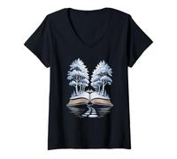 Mujer Libro Bosque Fantasía Sendero Árboles Magia Naturaleza Camiseta Cuello V