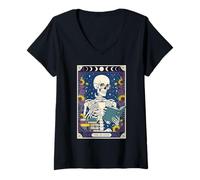 Mujer Libro de Cartas del Tarot del Esqueleto del Lector y Gusano de Biblioteca para Amantes del café Camiseta Cuello V