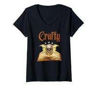 Mujer Libro de hechizos con forma de calavera de luna creciente de Crafty Witch Core Camiseta Cuello V