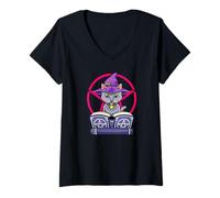 Mujer Libro de hechizos de gato bruja ocultismo pentagrama mágico familiar Camiseta Cuello V