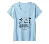 Mujer Libro de hechizos de pociones y maldiciones 1692 gráfico temático Camiseta Cuello V