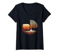 Mujer Libro de Lectura Árbol del Conocimiento Retro Naturaleza Gráfico Camiseta Cuello V