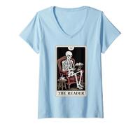 Mujer Libro de Lectura de Cartas del Tarot Divertido para Amantes de los Libros con Forma de Esqueleto de The Reader Camiseta Cuello V