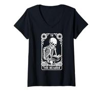 Mujer Libro de Lectura de Cartas del Tarot Divertido para Amantes de los Libros con Forma de Esqueleto de The Reader Camiseta Cuello V