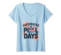 Mujer Libros de bolsillo y días de piscina Lectura de verano Flamingo Camiseta Cuello V