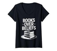 Mujer Libros sobre creencias apilan Ciencia del Conocimiento Camiseta Cuello V