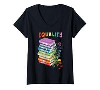 Mujer Libros sobre Igualdad de Derechos Bondad Paz Amor Inclusión Camiseta Cuello V