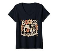 Mujer Libros Son mi Amor Lenguaje Retro Groovy 70s Book Lover Camiseta Cuello V