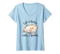 Mujer Life Better Cats and Books Camiseta Cuello V