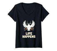 Mujer Life Happens Ave Choca Humor Visual Sarcástico Divertido Camiseta Cuello V