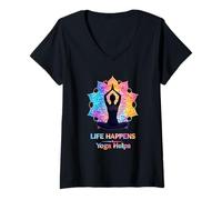 Mujer Life Happens Yoga Ayuda a meditar Yoga Mandala Lotus Zen Camiseta Cuello V