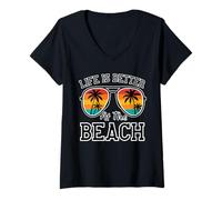Mujer Life Is Better at the Beach - Retro Palm Tree Summer Family Camiseta Cuello V