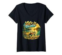 Mujer Life Is Better At The Lake Sunset Canoe Nature Vibes Graphic Camiseta Cuello V