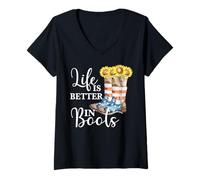 Mujer Life Is Better In Boots Vintage Country Music USA Girasol Camiseta Cuello V