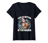 Mujer Life Is Better In The Garden Gnome With Yorkshire Terrier Camiseta Cuello V