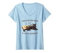 Mujer Life is Better with Cats and Guitars Black Cat Guitarist Camiseta Cuello V