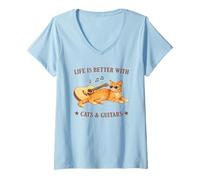 Mujer Life is Better with Cats and Guitars Orange Cat Guitarist Camiseta Cuello V