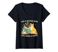 Mujer Life is Better with Cats Books and Coffee Cat Lover Reading Camiseta Cuello V