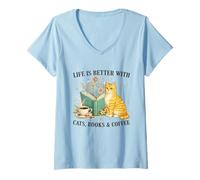 Mujer Life is Better with Cats Books and Coffee Cat Lover Reading Camiseta Cuello V