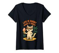 Mujer Life Is Short Make It Sweet Cat Helado Verano Camiseta Cuello V