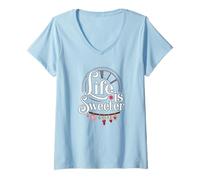 Mujer Life is Sweeter - Diseño de Cita Motivacional con dijes de corazón Camiseta Cuello V