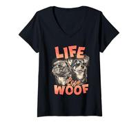 Mujer Life Love Woof Cool Dogs Gafas de Sol para Amantes de Las Mascotas Camiseta Cuello V