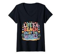Mujer Life'S A Beach Enjoy The Waves Vacaciones de Verano - Camiseta Cuello V