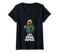 Mujer Lift Drink Repeat Oso Pardo - Esquí Invierno Fiesta Camiseta Cuello V