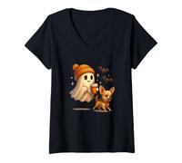 Mujer Light Brown Chihuahua Halloween Ghost Walking Chihuahua Dog Camiseta Cuello V