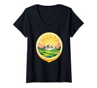 Mujer Limón Montaña Paisaje Naturaleza Colinas Amanecer Aventura Camiseta Cuello V