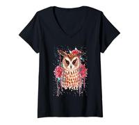 Mujer Linda acuarela colorida de búho chico y flor Camiseta Cuello V