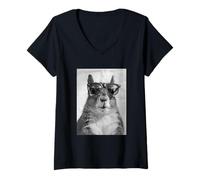 Mujer Linda Ardilla con Gafas de Sol Cabina Fotos Moda Hipster Camiseta Cuello V