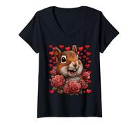 Mujer Linda Ardilla con Rosas Rojas Corazones día de San Valentín Animal Camiseta Cuello V