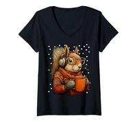 Mujer Linda Ardilla en Gafas Orejeras café Divertido Invierno Animal Camiseta Cuello V