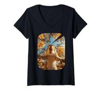 Mujer Linda Ardilla Selfie Otoño Hojas Bosque Otoño Animal Arte Camiseta Cuello V