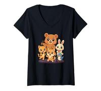 Mujer Linda Banda de Animales Kawaii Cantando Juntos adorables Dibujos Animados Camiseta Cuello V