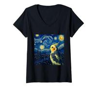 Mujer Linda cacatúa Mirando Las Estrellas en Van Gogh Noche Estrellada Camiseta Cuello V