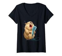 Mujer Linda Capibara de Karaoke con micrófono para Cantante Divertido Camiseta Cuello V