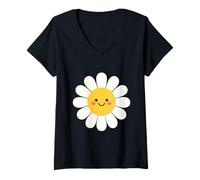 Mujer Linda Cara de Flor de Margarita Feliz Camiseta Cuello V