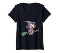 Mujer Linda Escoba voladora de Bruja para Halloween Camiseta Cuello V