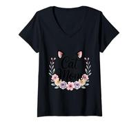 Mujer Linda gata Mom Floral Style Minimalista Kitty Lover para Camiseta Cuello V