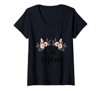 Mujer Linda gata Mom Floral Style Minimalista Kitty Lover para Camiseta Cuello V