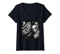 Mujer Linda Gran Sonrisa Bigfoot Alien Selfie Divertido Clásico Conspiración Camiseta Cuello V