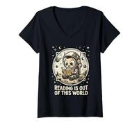Mujer Linda Lectura de Astronauta está Fuera de Este Mundo Bookworm Niño Camiseta Cuello V