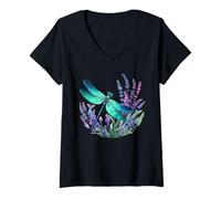 Mujer Linda libélula y flor de lavanda acuarela verano Camiseta Cuello V