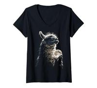 Mujer Linda Llama Sosteniendo Luna Llena Luz De La Luna Estética Animal Arte Camiseta Cuello V